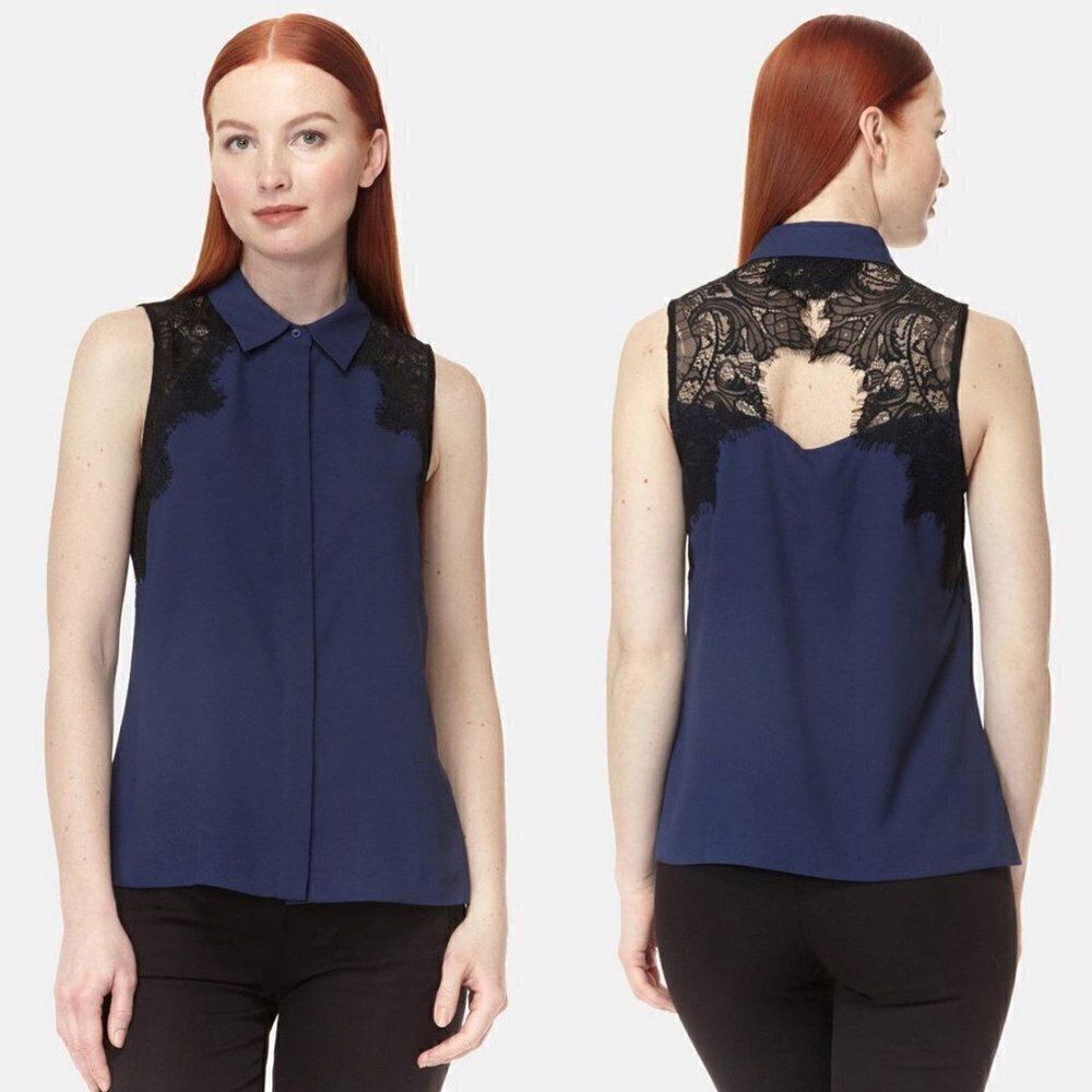 NWT Cooper & Ella Vera Navy Blue Sleeveless Lace Button Down Shirt